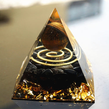 45-Handmade Tiger Eye & Obsidian Crystal Sphere 'FOCUS & GROUNDING' ORGONITE Pyramid